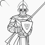 Simple black and white vector line art of a knight holding a sword and shield, perfect for children's printable coloring pages with bold and clean outlines.