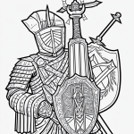 A simple black and white line art of a knight with sword and shield, featuring clean outlines and blank fill areas, perfect for coloring book enthusiasts.