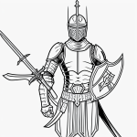 Simple black and white vector line art of a knight with sword and shield featuring bold, clean outlines on a flat white background suitable for coloring.