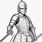 A knight holding a sword, depicted in simple black and white line art style, ideal for coloring books. The image features clean outlines with blank fill areas.