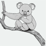 Black and white line art of a koala holding a branch, featuring simple outlines and blank fill areas for coloring, in a coloring book style.