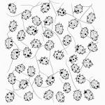 Black and white line art of ladybugs on leaves with simple, clean outlines, perfect for coloring book enthusiasts seeking creative relaxation.