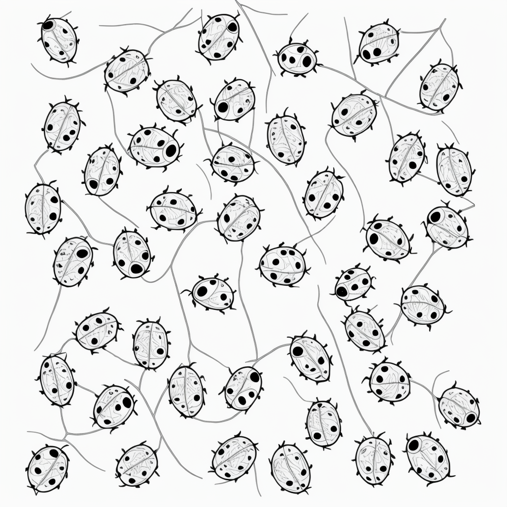 Ladybugs on Leaves: Black and White Line Art