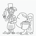 Simple black and white vector line art of a St. Patrick’s Day leprechaun with a pot of gold, ideal for children's coloring activities.