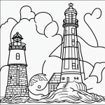 A simple black and white lighthouse cartoon line art for coloring, featuring clean outlines and no shading, ideal for creative coloring exploration.