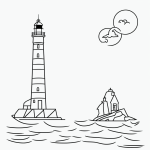 Simple black and white vector line art of a lighthouse near the ocean with bold outlines, perfect for children's coloring activities.
