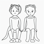 Black and white vector line art of a doll with pigtails, featuring bold, clean outlines and a flat white background, ideal for children's printable coloring pages.