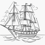 A simple black and white vector line art of a pirate ship sailing on waves with bold clean outlines, designed as a children's printable coloring page.