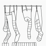 Simple black and white vector line art of stockings hanging by a fireplace, featuring bold clean outlines and minimal composition, ideal for children's coloring pages.