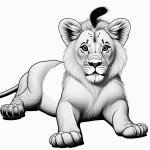 A simple black and white line art of a lion cub cartoon, featuring clean outlines and blank fill areas ideal for coloring book enthusiasts.