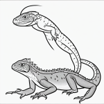 Black and white line art of a cartoon lizard with simple outlines, perfect for coloring, featuring a clean design with blank fill areas on a white background.