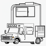 A simple black and white mail truck cartoon with clean outlines, perfect for coloring books. Featuring blank fill areas and no shading for creative coloring.