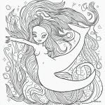 Black and white mermaid cartoon with simple outlines for coloring, featuring clean lines and blank fill areas on a white background.