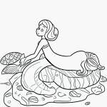 Black and white vector line art of a mermaid sitting on a rock with seashells, designed as a children's printable coloring page with bold clean outlines.