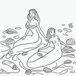 Black and white vector line art of a mermaid sitting on a rock with seashells, designed as a children's printable coloring page with bold outlines.