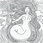 Black and white line art of a mermaid under the sea with clean outlines and blank fill areas, perfect for coloring.