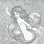 Mermaid under the sea in simple black and white line art, perfect for coloring book enthusiasts looking for clean outlines and blank fill areas.
