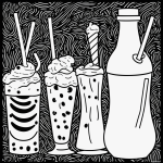 Black and white milkshake cartoon line art with simple outlines, ideal for coloring books, featuring clean lines and blank fill areas.