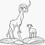 Simple black and white vector line art of a goat standing on a rock, featuring bold outlines and a flat white background, ideal for a children's coloring page.