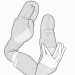 Simple black and white vector line art of a mitten and scarf set with bold outlines, ideal for children's printable coloring pages.