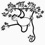 A playful monkey hanging from a tree in line art style, ideal for coloring, featuring simple black and white outlines with no shading or gradients.