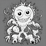 A cartoon monster in simple outlines and black and white, ideal for coloring books, featuring clean lines and a blank fill area on a white background.