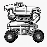 Black and white outline of a monster truck cartoon, featuring clean and simple lines ideal for coloring books, with blank fill areas and no shading.