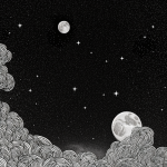 Illustration of moon and stars in black and white line art style, featuring clean outlines and blank fill areas ideal for coloring books.