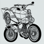 Line art of a motorcycle with a sidecar, featuring simple black and white outlines, perfect for coloring book enthusiasts seeking clean and uncolored designs.