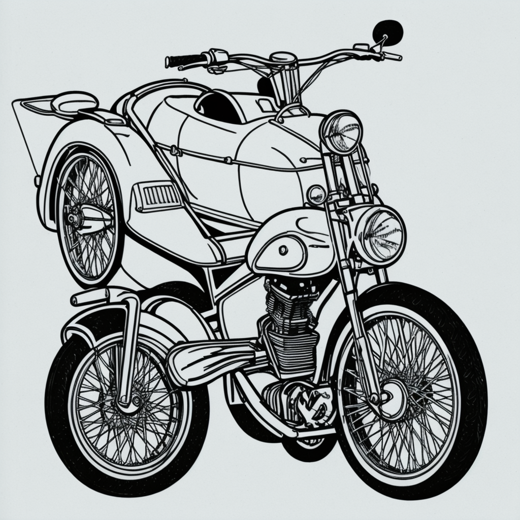Explore Motorcycle with Sidecar: Line Art Coloring Fun