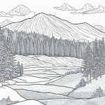 Simple outline mountain landscape line art in black and white, perfect for coloring books with clean outlines and blank fill areas, depicting serene nature scenery.
