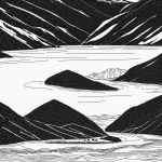 A pure black and white line art of mountains and a river, featuring simple outlines and blank fill areas, designed for coloring enthusiasts.