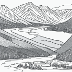 Black and white line art of mountains and river landscape with clean outlines, no shading, perfect for coloring book enthusiasts seeking creative relaxation.