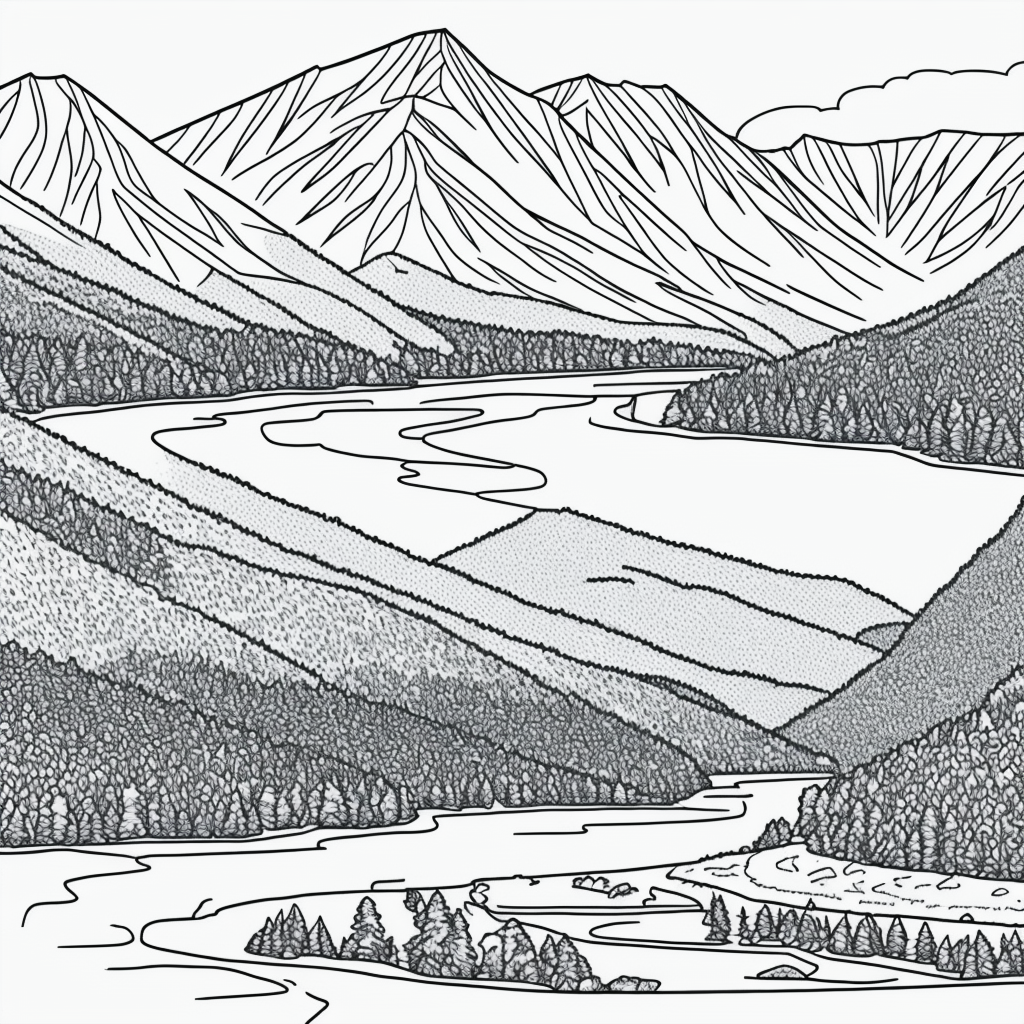 Explore Stunning Mountains and River Line Art