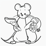 Black and white cartoon mouse holding cheese with simple outlines, perfect for coloring books and minimalist art fans.