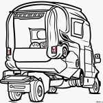 Black and white line art of a moving truck cartoon with simple outlines, designed for coloring book enthusiasts, featuring uncolored fill areas on a white background.