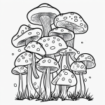 Black and white mushroom cartoon line art featuring simple outlines and blank fill areas, perfect for coloring book enthusiasts looking for creative designs.