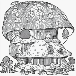 Black and white line art of a whimsical mushroom house in a forest, featuring simple outlines and blank fill areas, perfect for coloring book enthusiasts.