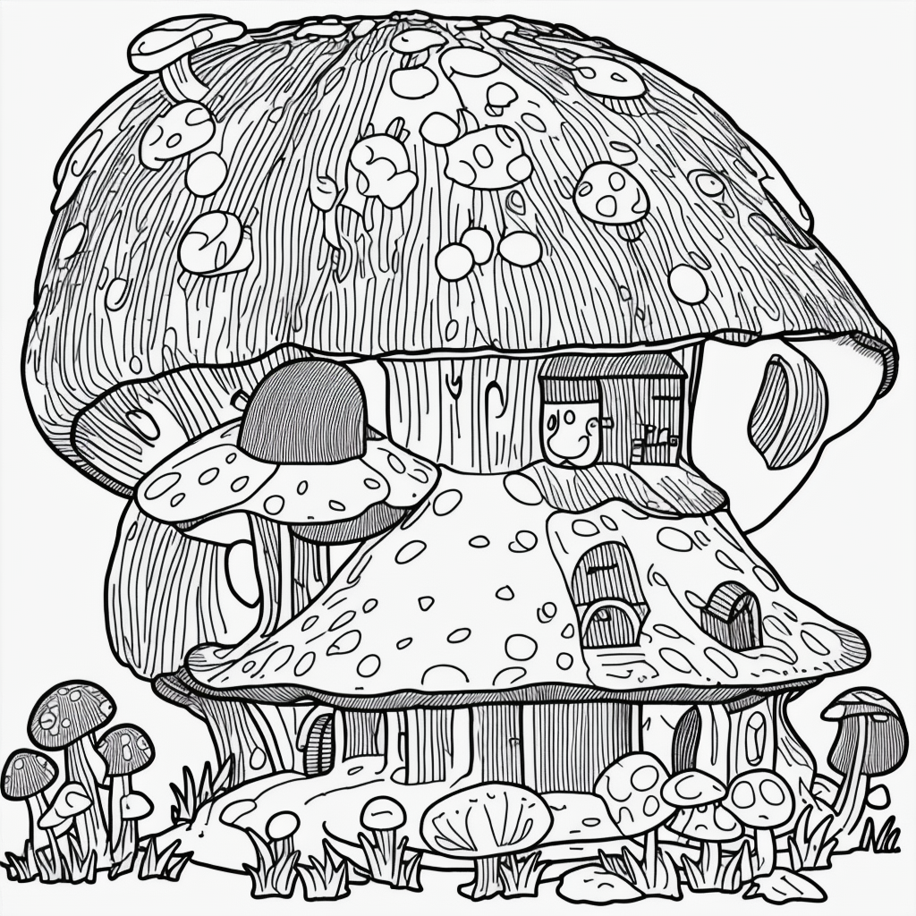 Explore Whimsical Mushroom House Line Art in Forest
