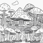 Simple black and white line art of a mushroom house in a forest, designed for a coloring book with clean outlines and blank fill areas, no shading or gradients.