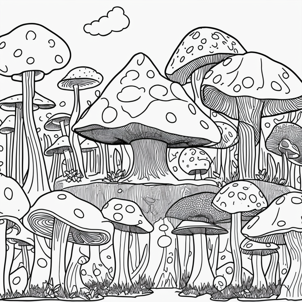Explore Mushroom House Line Art in Forest Coloring Book