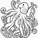 Black and white octopus line art with simple outlines, ideal for coloring books, featuring clean design and blank fill areas on a white background.
