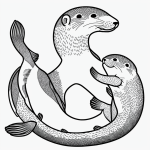 A charming line art of an otter floating with a fish, featuring simple outlines and clean, uncolored fills, perfect for a coloring book style.