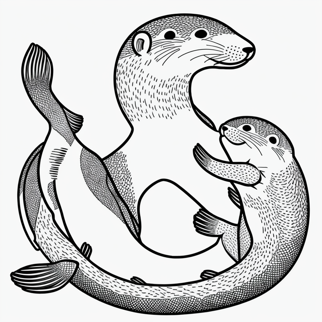 Otter Floating with Fish: Charming Line Art