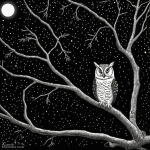 A charming black and white cartoon-style owl sits on a branch at night, perfect for coloring book enthusiasts seeking creativity and relaxation.