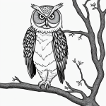 Black and white line art of an owl sitting on a branch, designed for coloring with simple outlines and a clean, uncolored style, perfect for creative coloring.