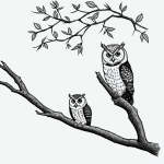Line art of an owl sitting on a branch, in a coloring book style, featuring pure black and white outlines with blank fill areas on a white background.