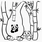Simple black and white vector line art of a panda sitting and eating bamboo, designed for children's printable coloring, featuring bold clean outlines.