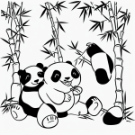 Simple black and white vector line art of a panda sitting and eating bamboo. Designed for children's printable coloring pages with bold, clean outlines.