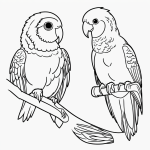 Black and white parakeet cartoon line art with simple outlines, ideal for coloring books, featuring clean, uncolored outline-only style on a white background.